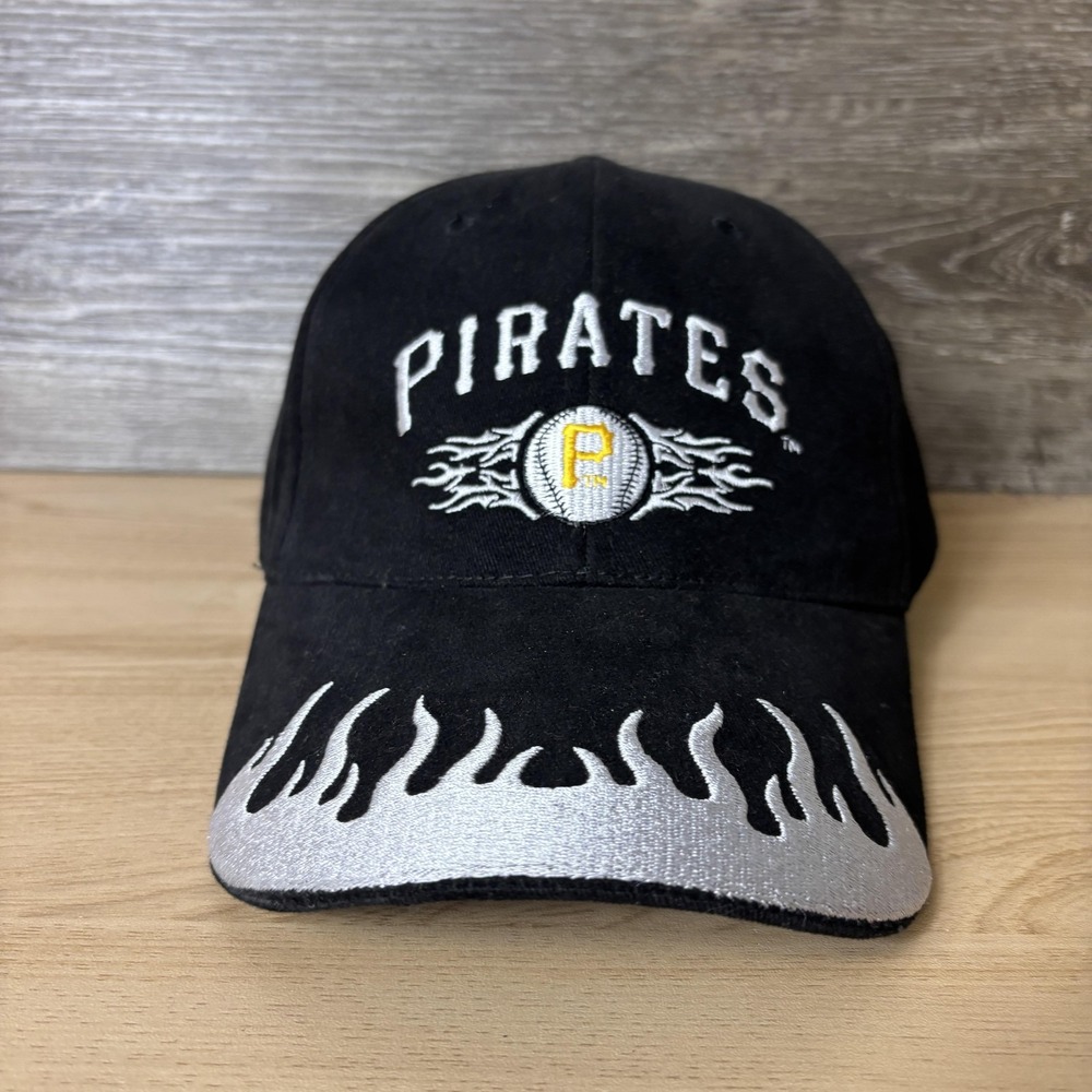Pittsburgh Pirates Hat Cap Strap Back Black Silver MLB Baseball Flame Mens